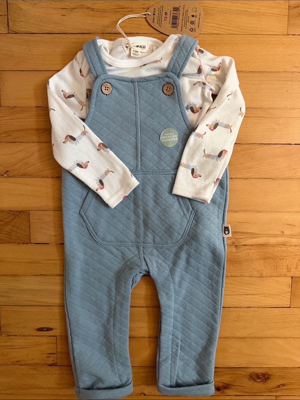 Quilted Light Blue Overalls Set with Cream Dachshund Print Bodysuit